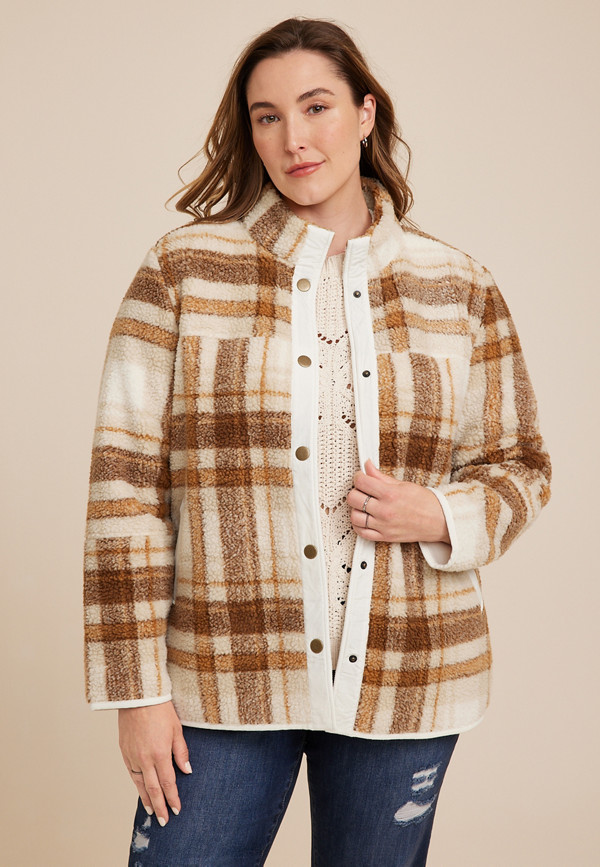 Plus Size Brown Arabella Plaid Sherpa Shacket | maurices