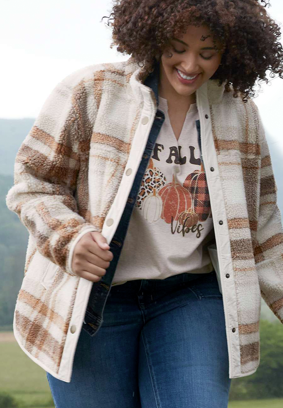 Plus Size Brown Arabella Plaid Sherpa Shacket, C5883, large