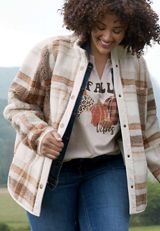 Plus Size Brown Arabella Plaid Sherpa Shacket, C5883, small