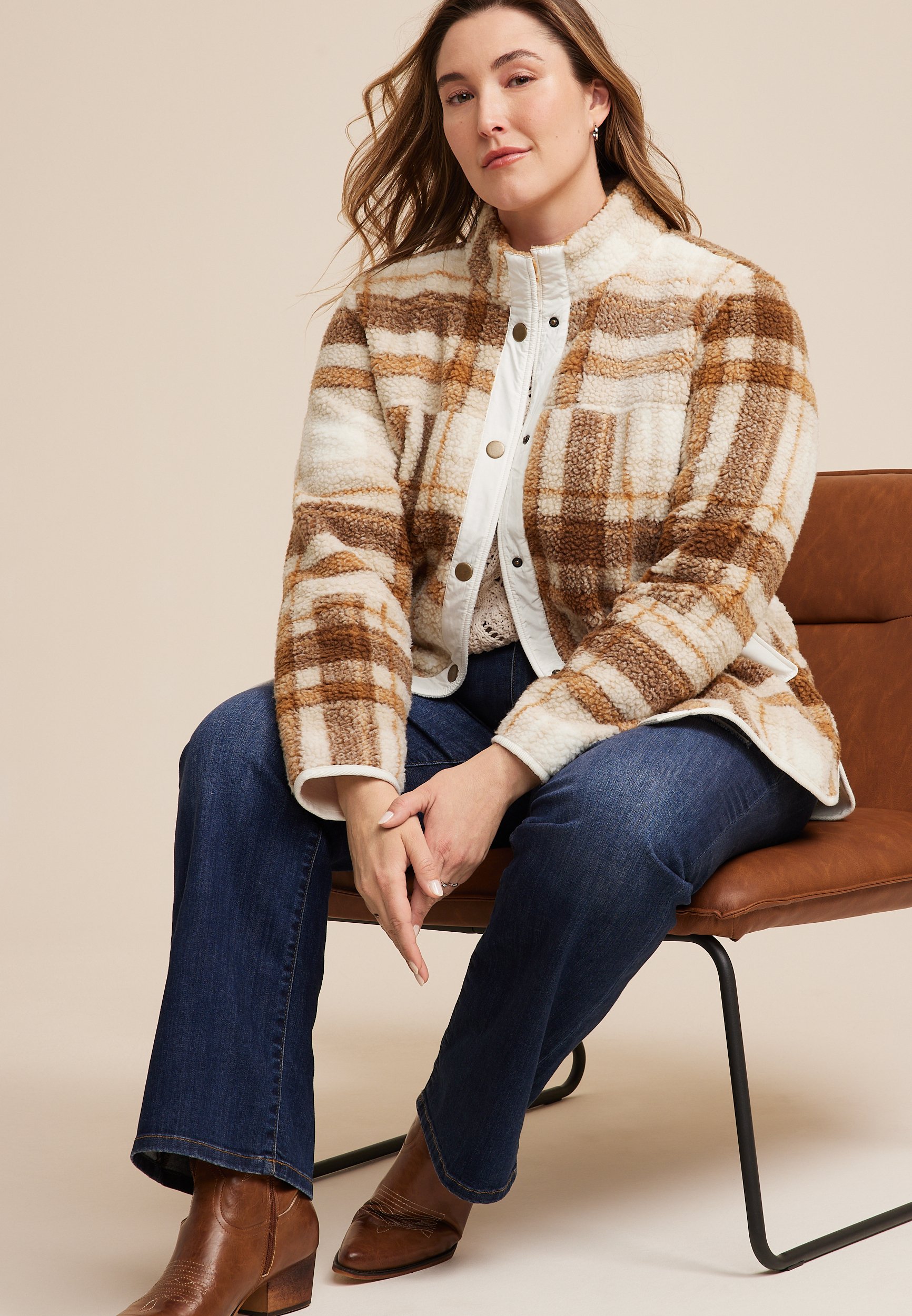 Plus Size Brown Arabella Plaid Sherpa Shacket, C5883, large