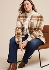 Plus Size Brown Arabella Plaid Sherpa Shacket, C5883, small