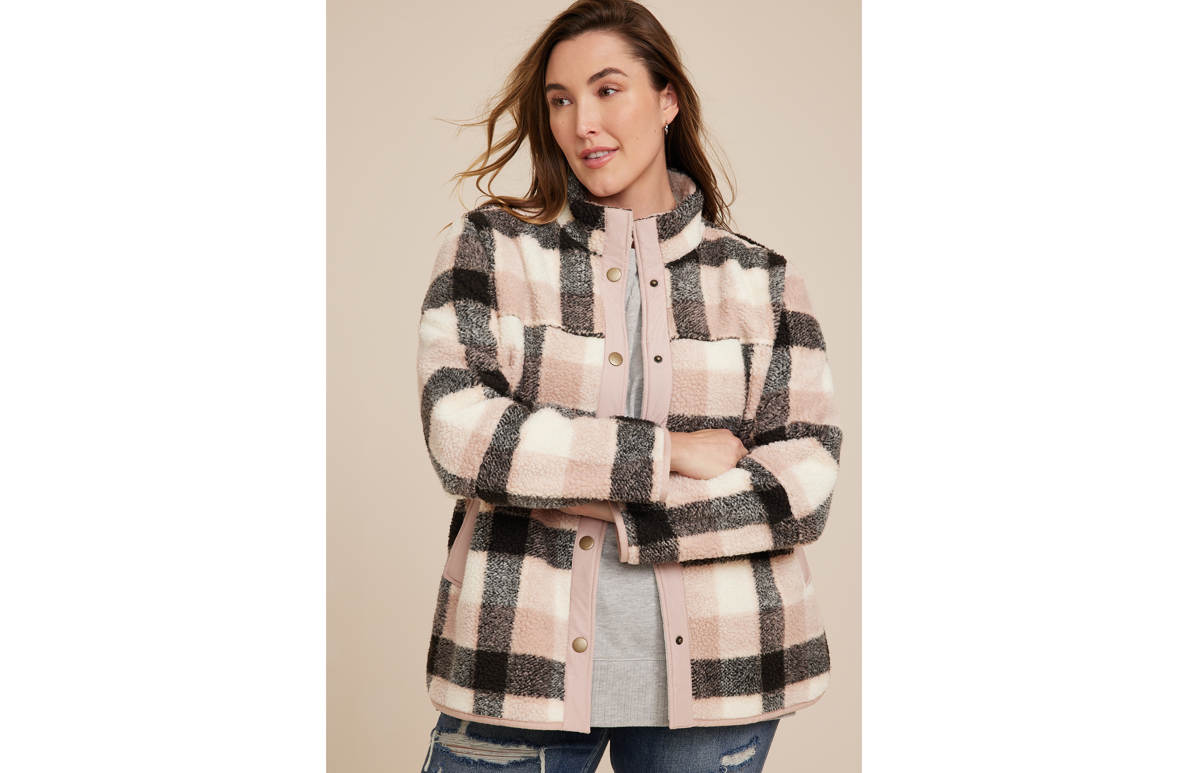 Plus Size Pink Plaid Sherpa Shacket