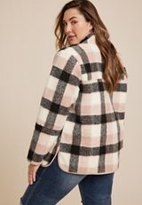 Plus Size Pink Plaid Sherpa Shacket, C1939, small