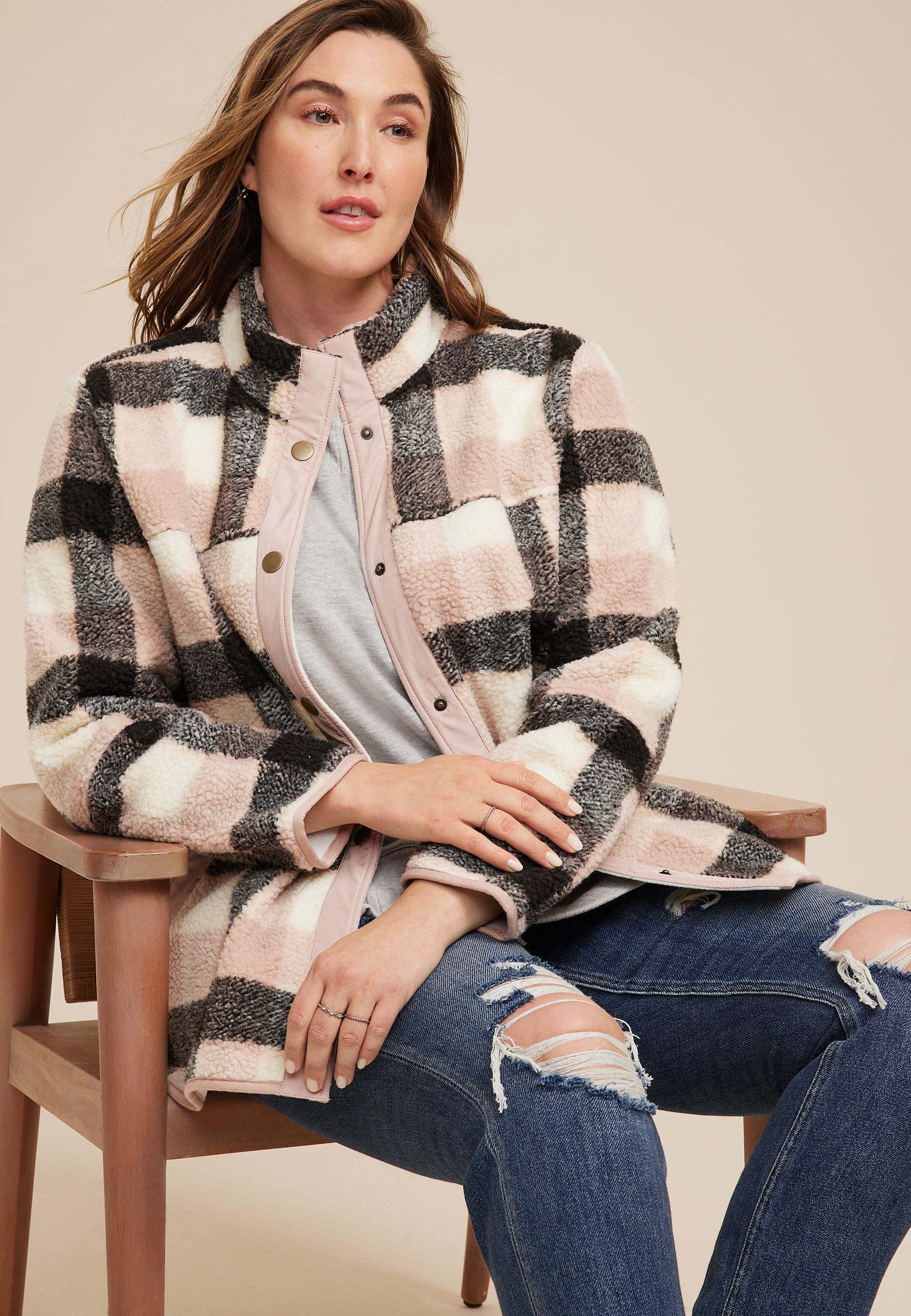 Plus Size Pink Plaid Sherpa Shacket, C1939, large