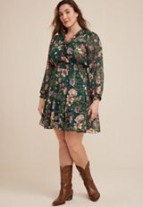 Plus Size Green Floral Lurex Ruffle Trim Skater Dress, C9029, small