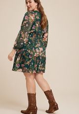 Plus Size Green Floral Lurex Ruffle Trim Skater Dress, C9029, small