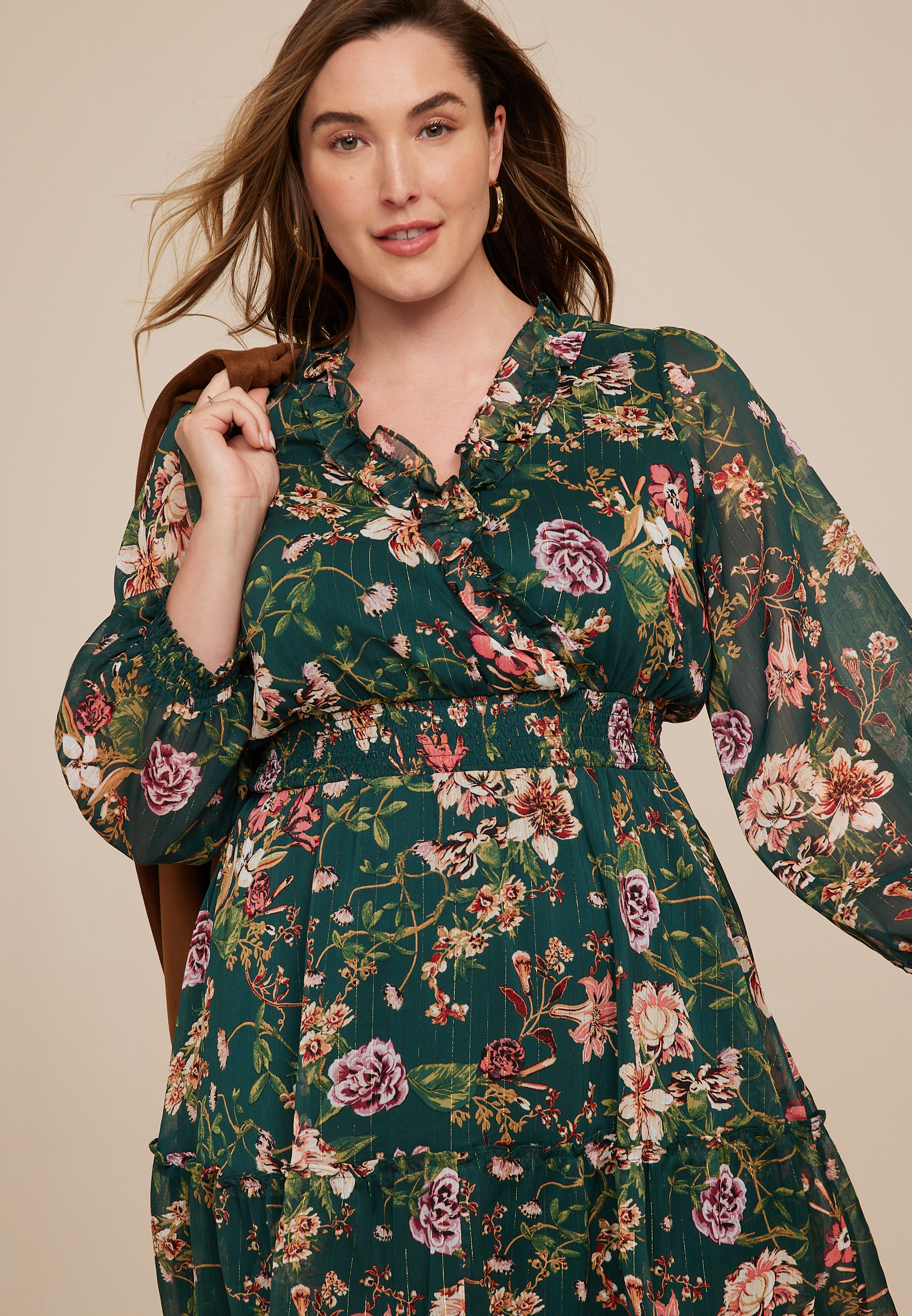 Plus Size Green Floral Lurex Ruffle Trim Skater Dress, C9029, large