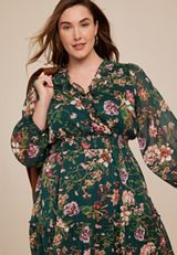 Plus Size Green Floral Lurex Ruffle Trim Skater Dress, C9029, small