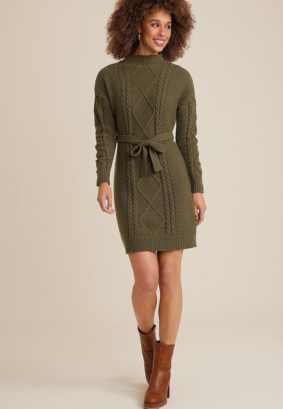 Olive Cable Knit Mock Neck Sweater Dress