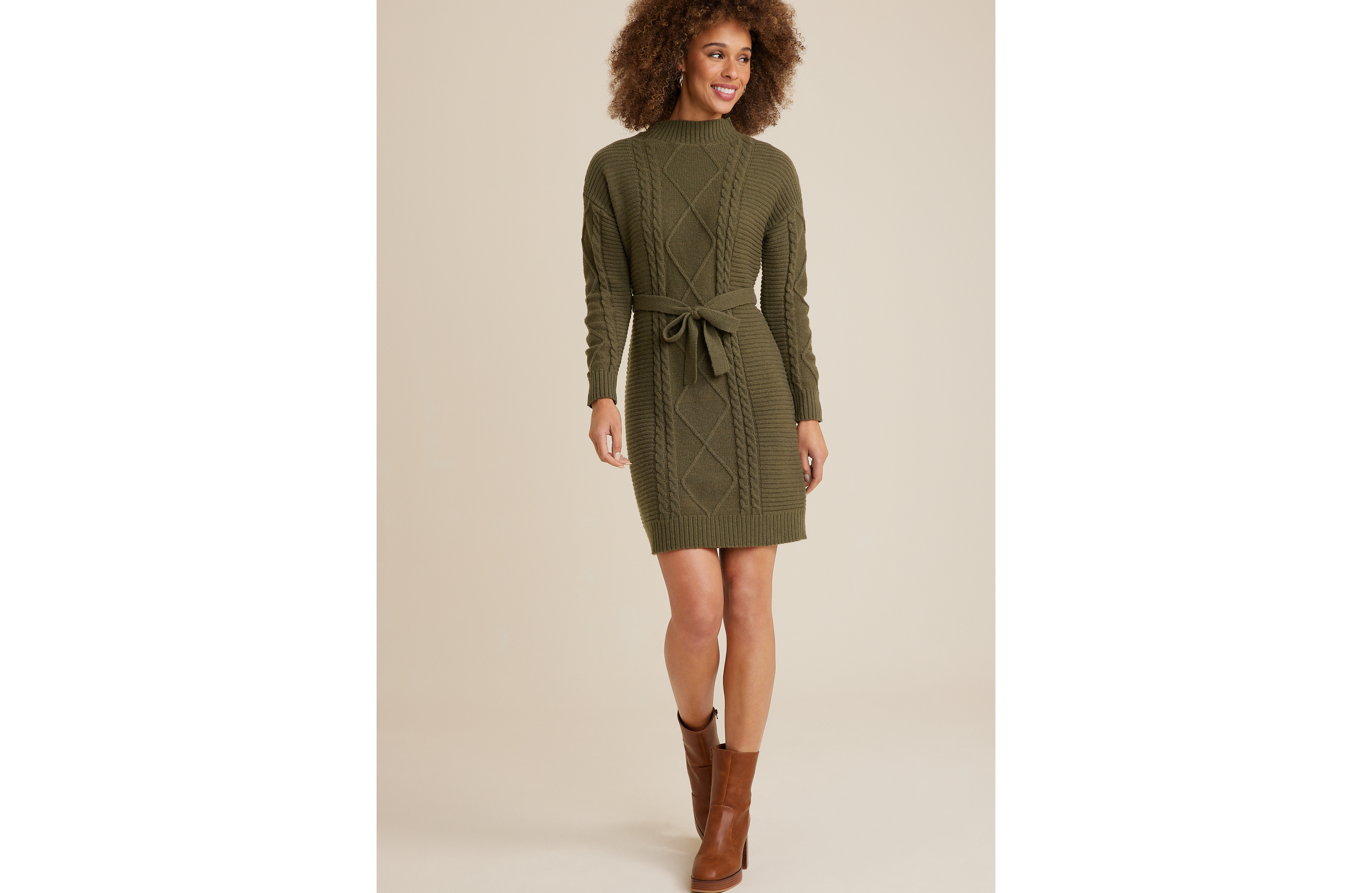 Olive Cable Knit Mock Neck Sweater Dress
