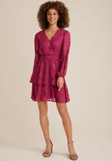 Jacquard Tiered Long Sleeve Skater Dress, C9094, small