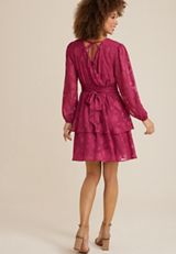 Jacquard Tiered Long Sleeve Skater Dress, C9094, small