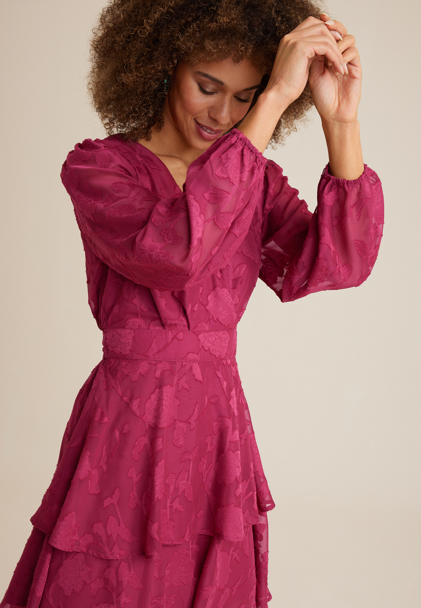 Jacquard Tiered Long Sleeve Skater Dress, C9094, large