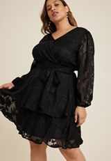 Plus Size Jacquard Tiered Long Sleeve Skater Dress, C106, small