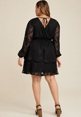 Plus Size Jacquard Tiered Long Sleeve Skater Dress, C106, small