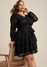 Plus Size Jacquard Tiered Long Sleeve Skater Dress, C106, small