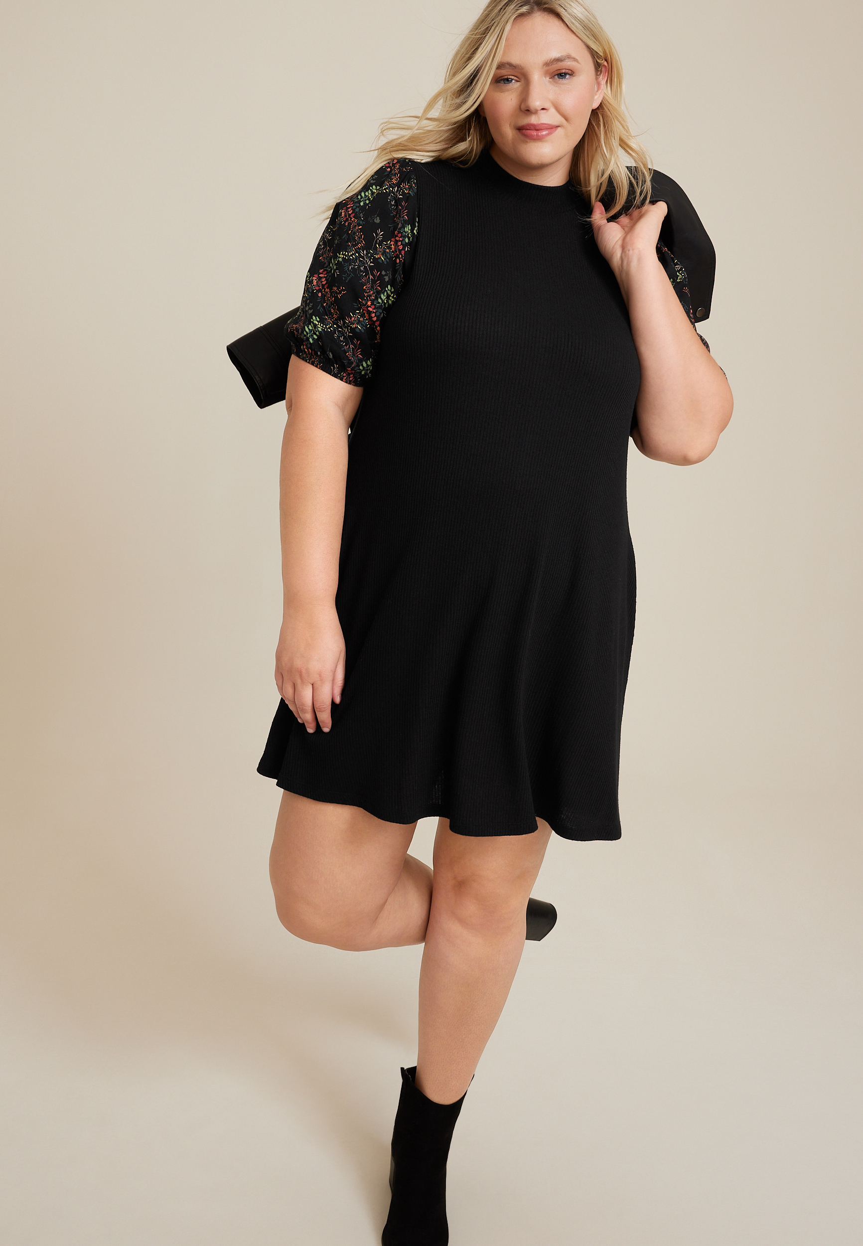 Plus Size 24/7 Mock Neck Mixer Mini Dress, BLACK COMBO, large