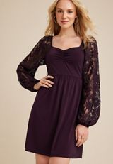 Cinched Bodice Lace Sleeve Mini Dress, BORDEAUX WINE, small