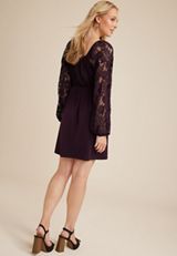 Cinched Bodice Lace Sleeve Mini Dress, BORDEAUX WINE, small