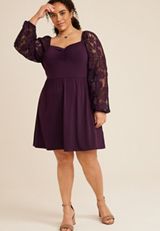 Plus Size Cinched Bodice Lace Sleeve Mini Dress, C9149, small