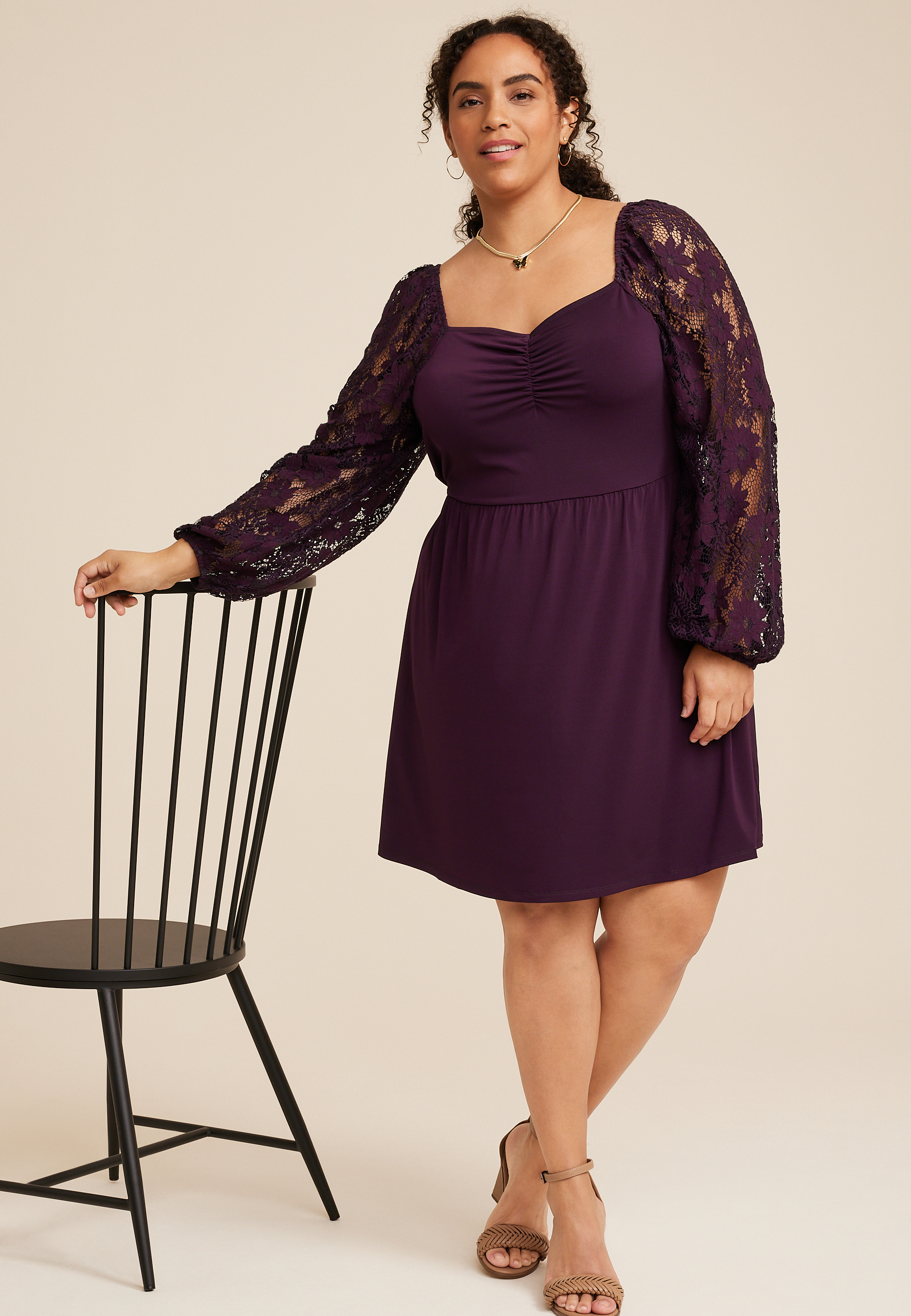Plus Size Cinched Bodice Lace Sleeve Mini Dress, C9149, large