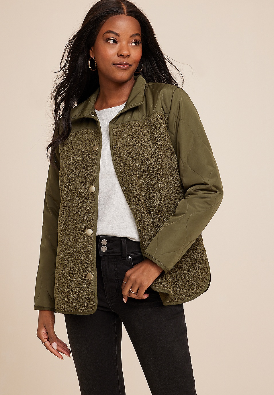 Olive Sherpa Quilted Mixed Media Jacket