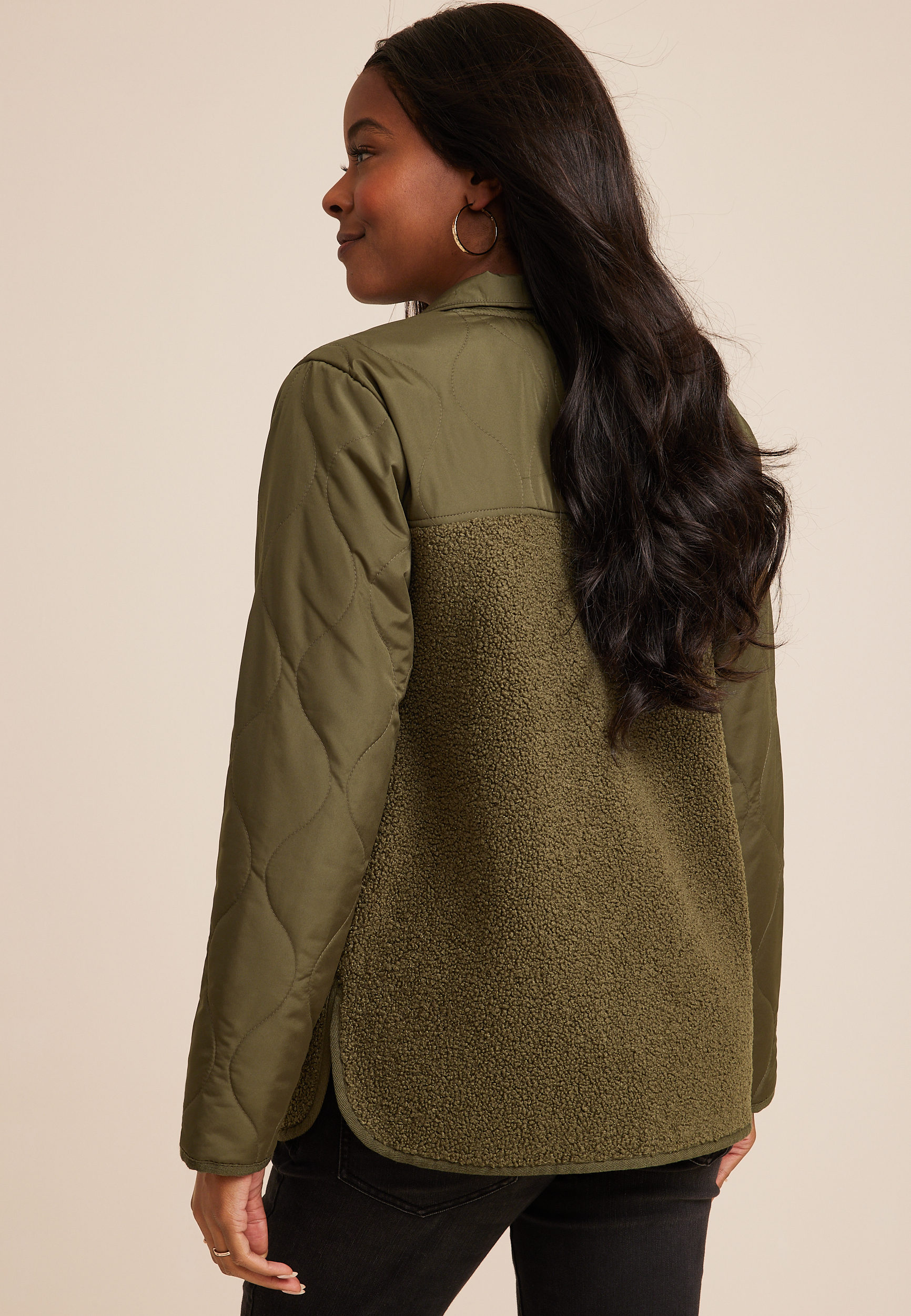 Olive Sherpa Quilted Mixed Media Jacket, C4419, large