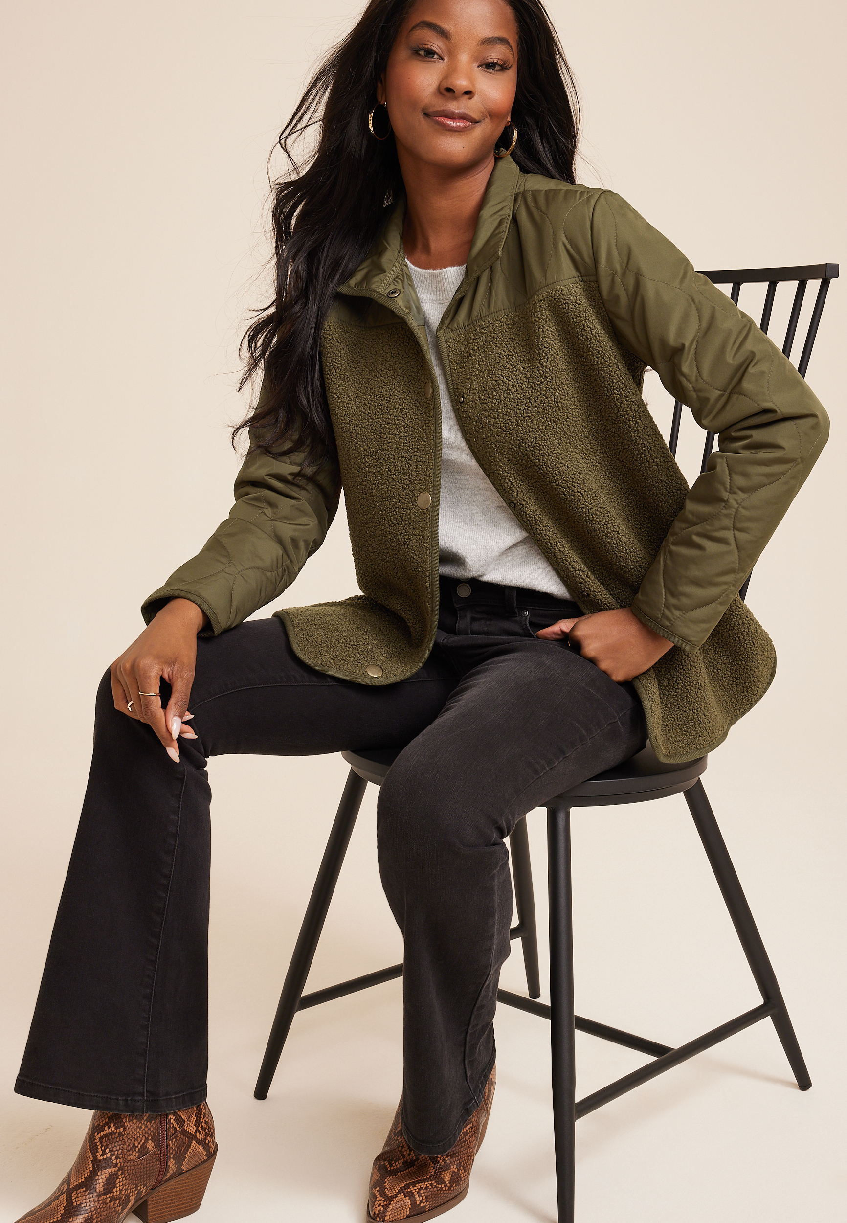 Olive Sherpa Quilted Mixed Media Jacket, C4419, large