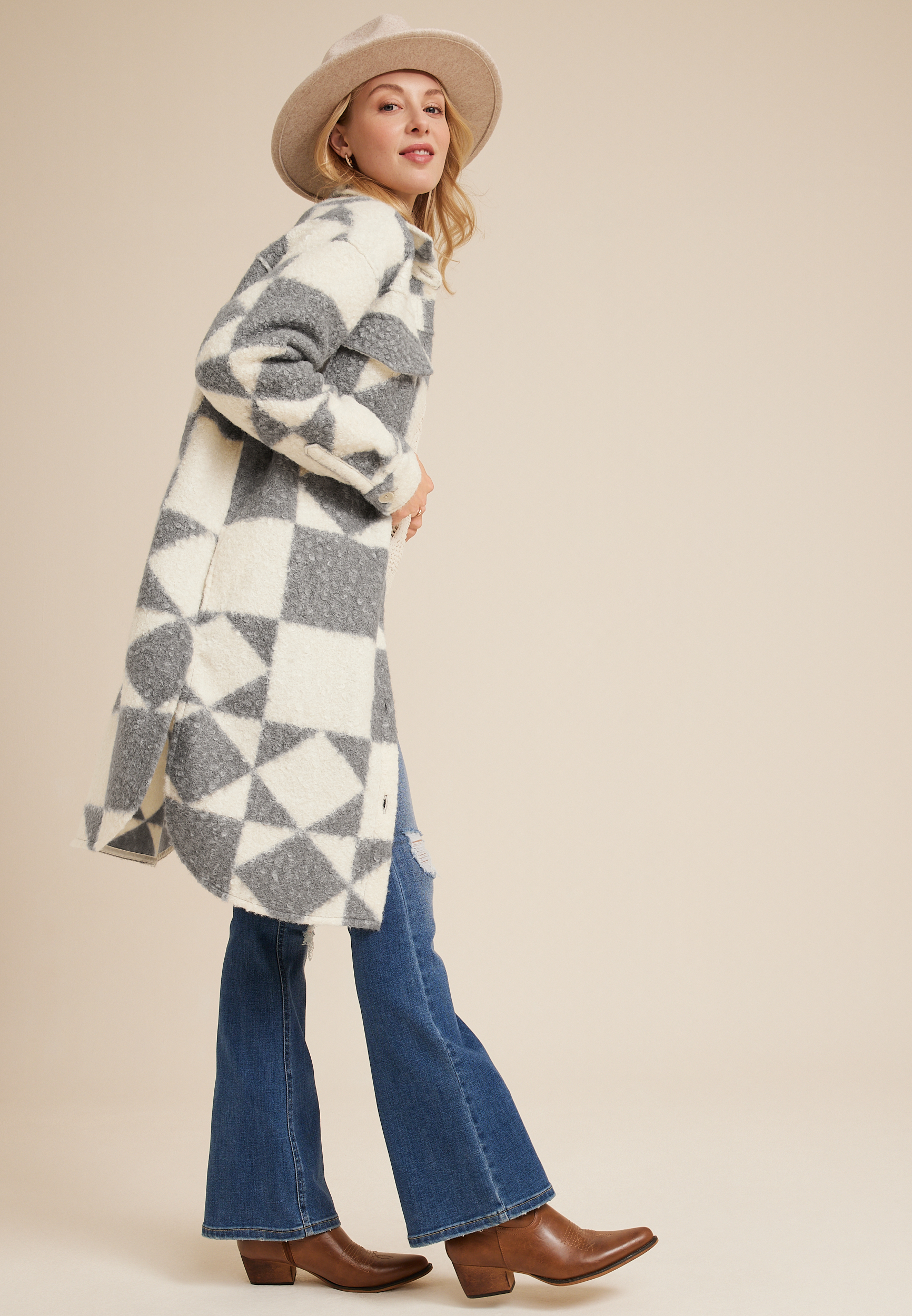 Gray Geo Longline Shacket, C1755, large