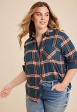 Plus Size Cabin Plaid Button Up Shirt, BLUE COMBO, small