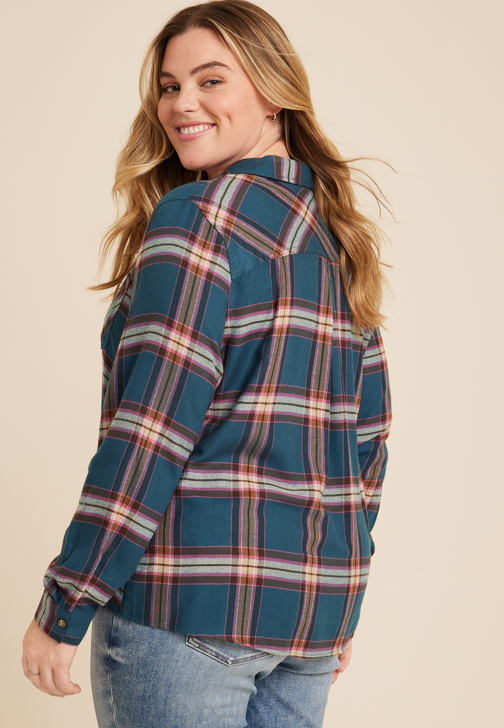 Plus Size Cabin Plaid Button Up Shirt, BLUE COMBO, large