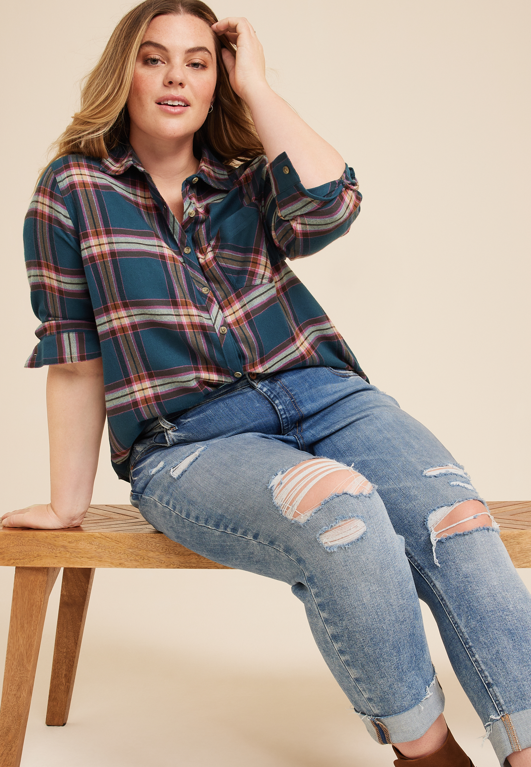 Plus Size Cabin Plaid Button Up Shirt, BLUE COMBO, large