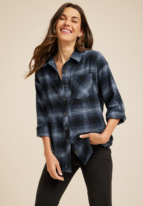 Plaid Country Music Graphic Back Boyfriend Tunic Shirt | maurices