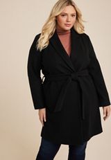 Plus Size Black Wrap Longline Coat, C106, small