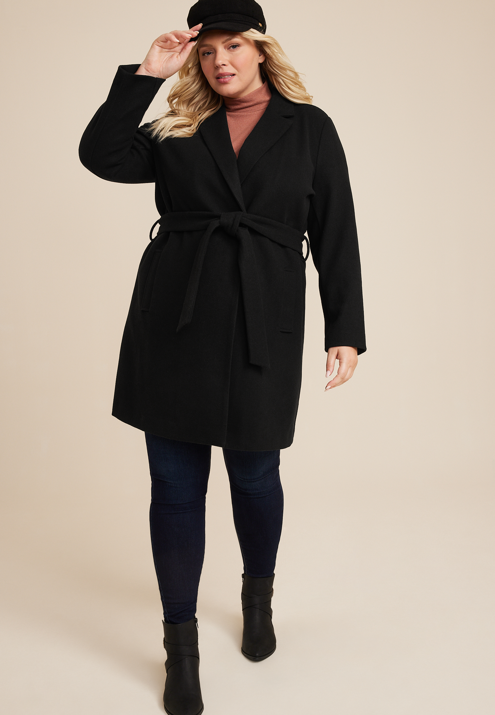 Plus Size Black Wrap Longline Coat, C106, large