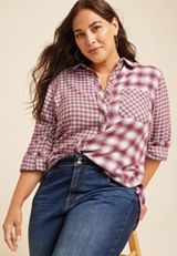 Plus Size Collegiate Plaid Button Down Shirt, C5869, small