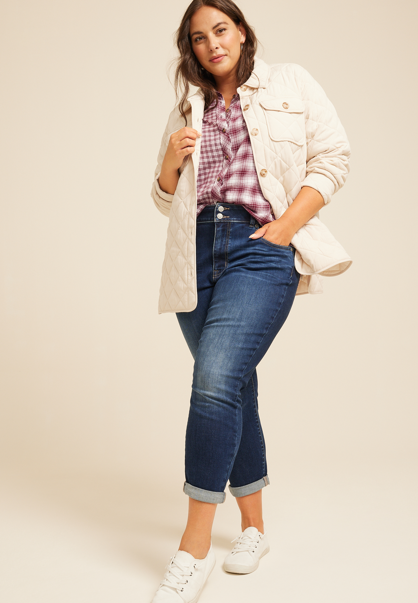 Plus Size Collegiate Plaid Button Down Shirt, C5869, large