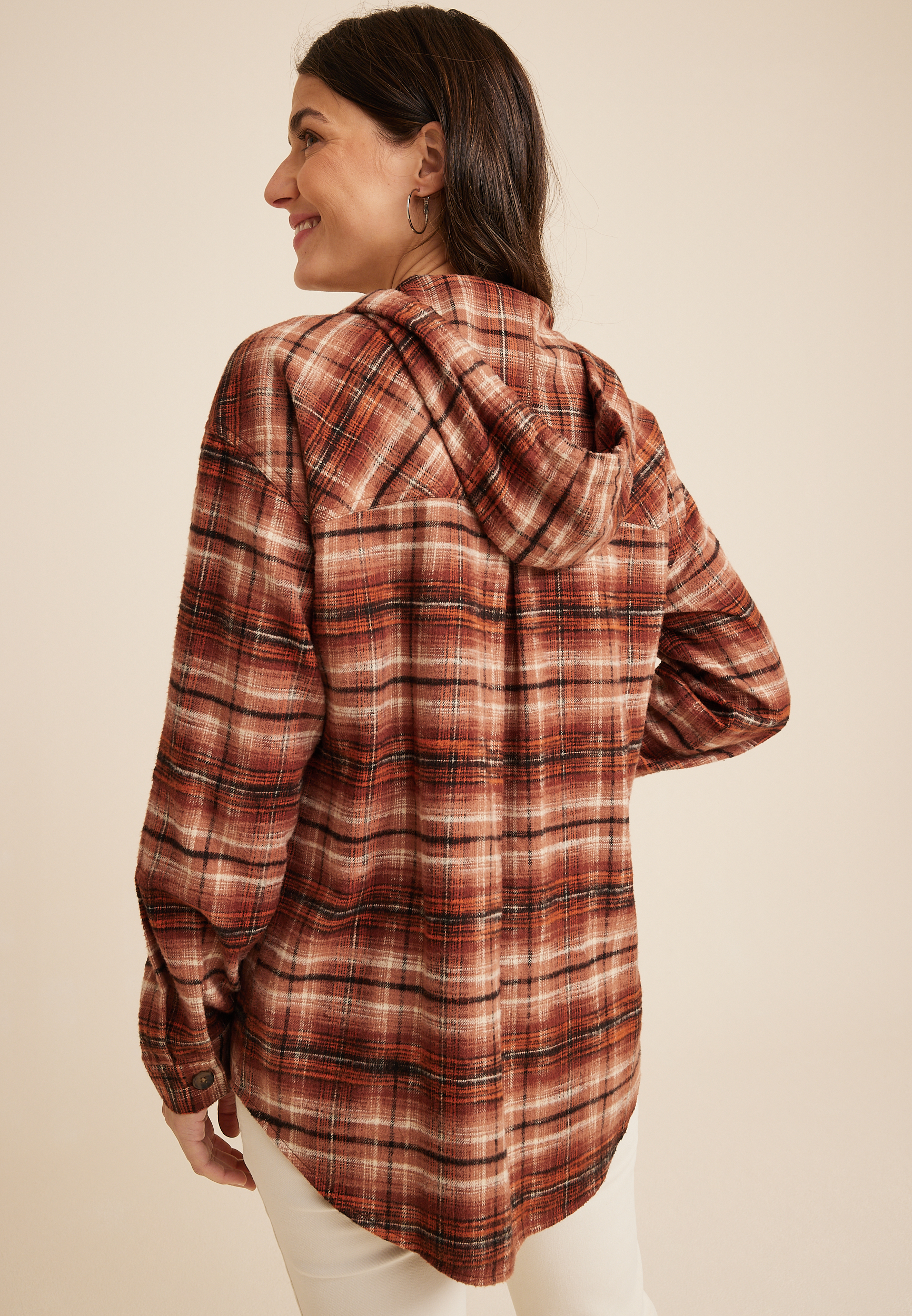 Cabin Plaid Brown Hooded Boyfriend Tunic Shirt, C4090, large