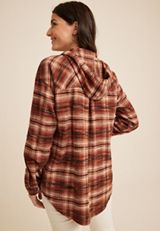 Cabin Plaid Brown Hooded Boyfriend Tunic Shirt, C4090, small