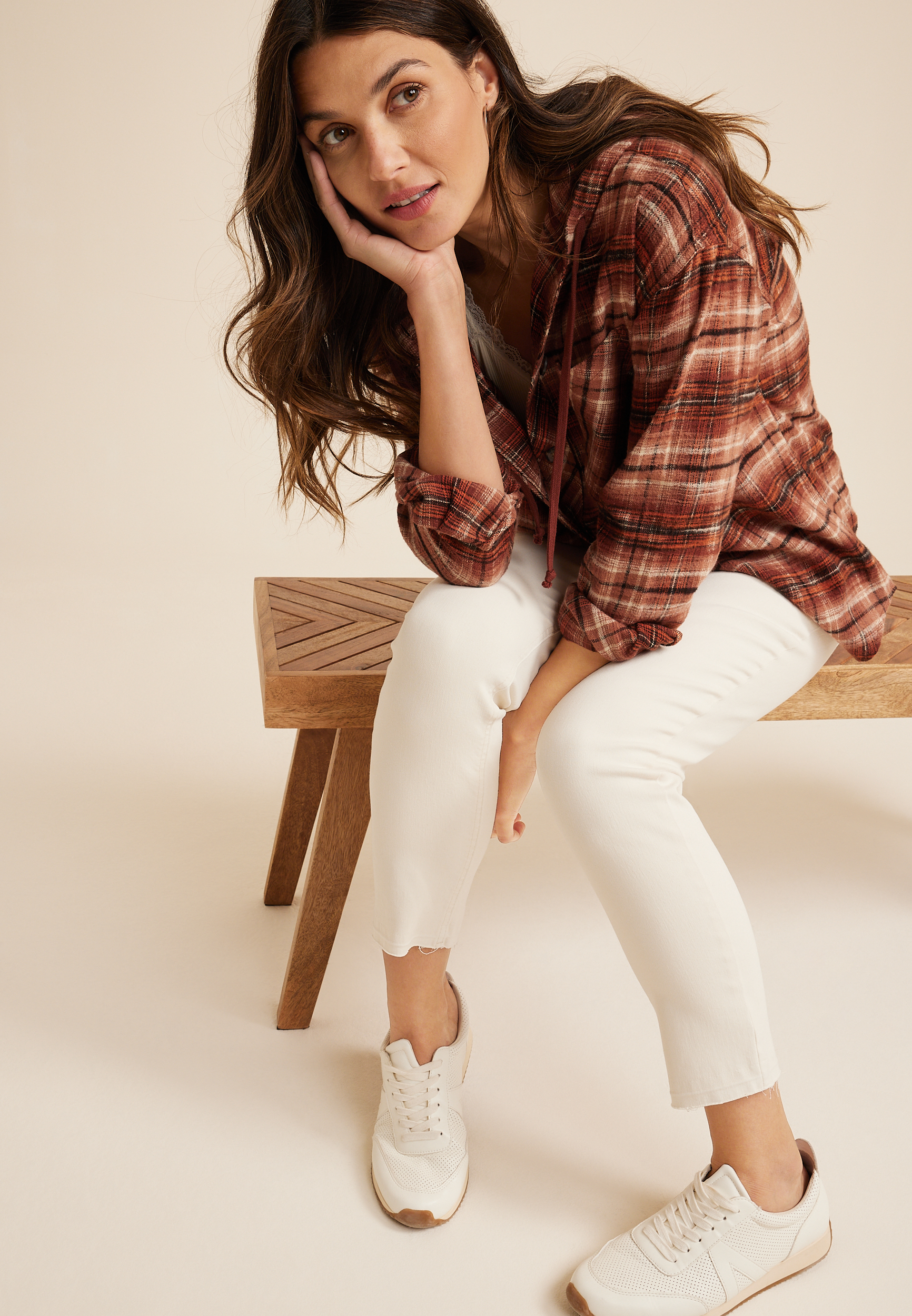 Cabin Plaid Brown Hooded Boyfriend Tunic Shirt, C4090, large