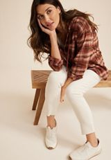 Cabin Plaid Brown Hooded Boyfriend Tunic Shirt, C4090, small