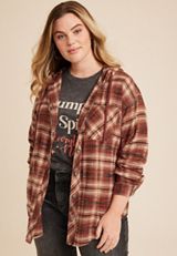 Plus Size Cabin Plaid Brown Hooded Boyfriend Tunic Shirt, C4090, small