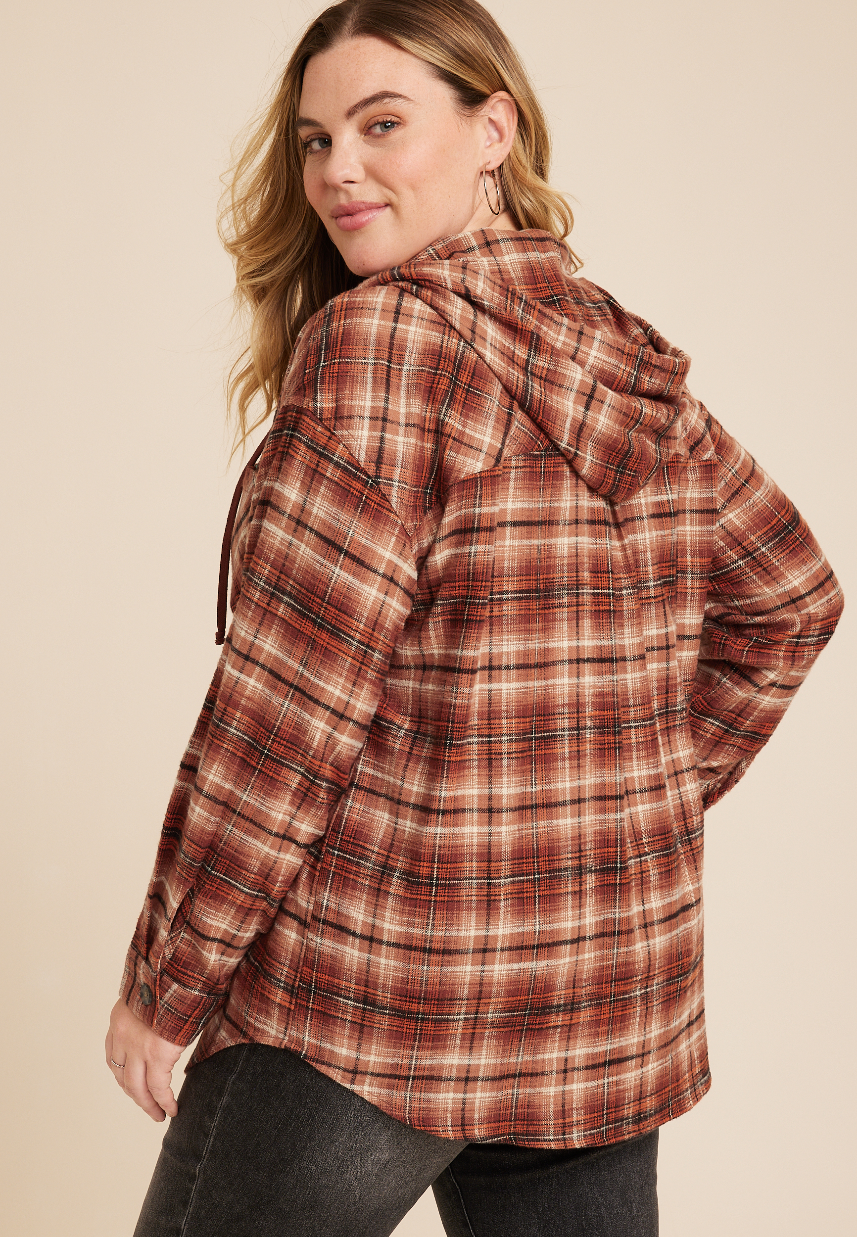 Plus Size Cabin Plaid Brown Hooded Boyfriend Tunic Shirt, C4090, large