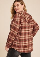 Plus Size Cabin Plaid Brown Hooded Boyfriend Tunic Shirt, C4090, small