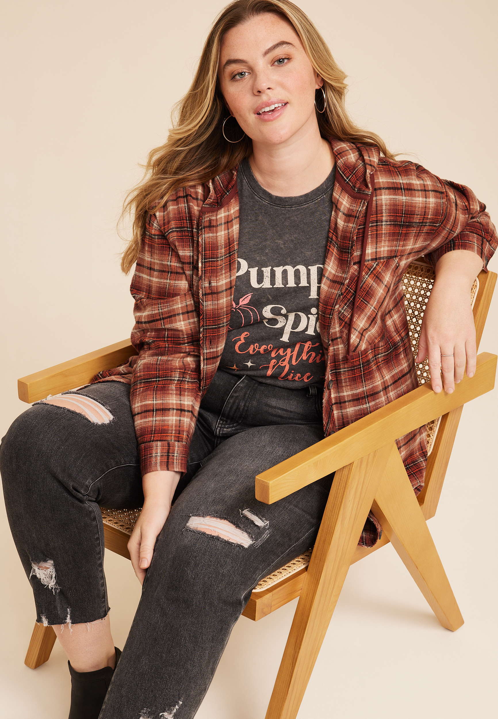 Plus Size Cabin Plaid Brown Hooded Boyfriend Tunic Shirt, C4090, large