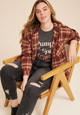 Plus Size Cabin Plaid Brown Hooded Boyfriend Tunic Shirt, C4090, small