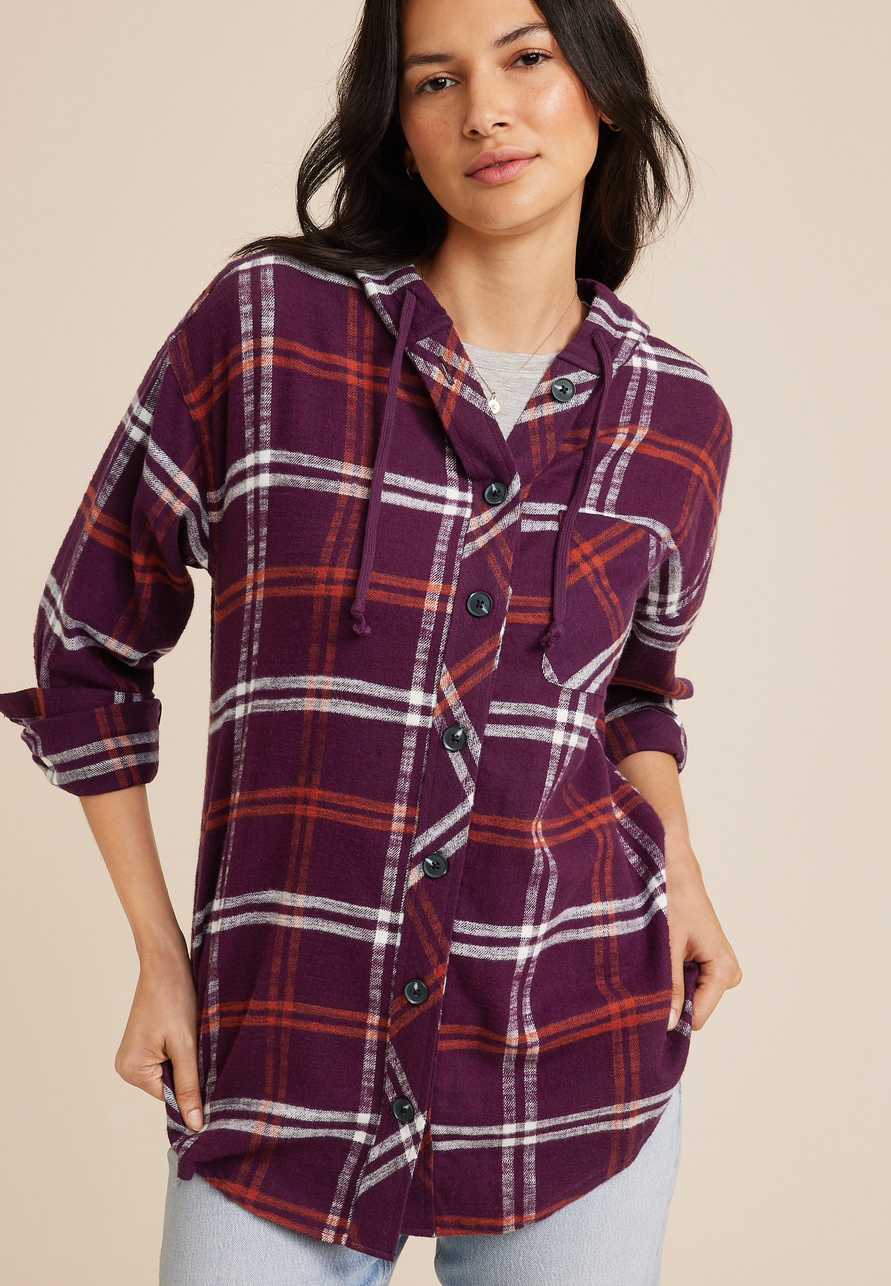 Cabin Plaid Hooded Boyfriend Tunic Shirt | maurices