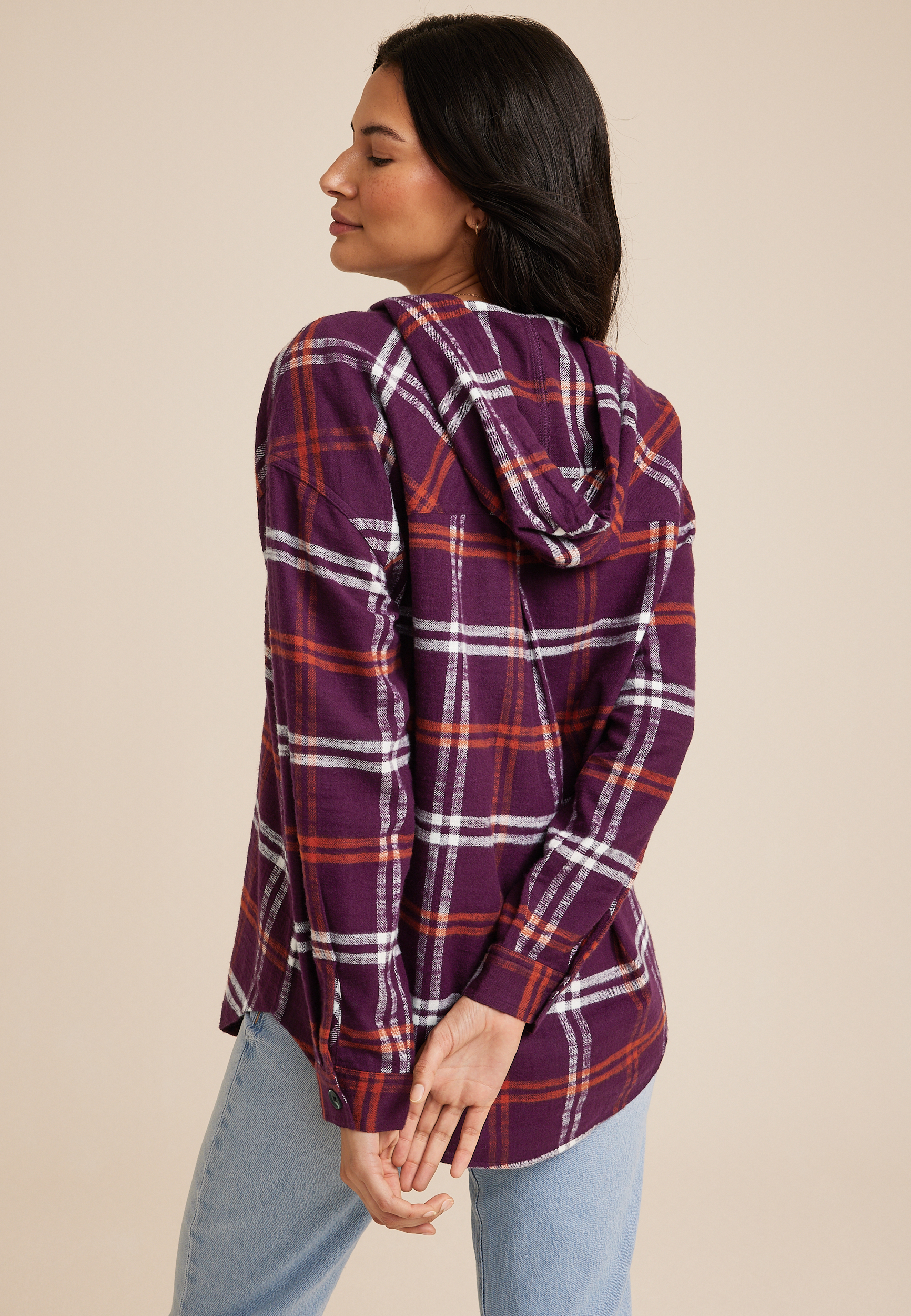 Cabin Plaid Hooded Boyfriend Tunic Shirt, C9153, large