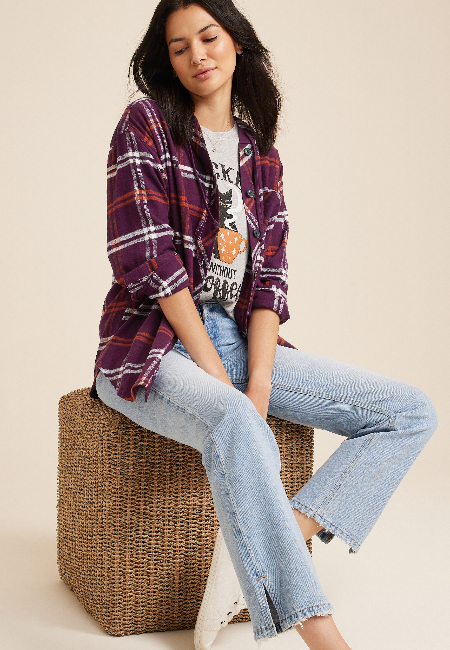 Cabin Plaid Hooded Boyfriend Tunic Shirt, C9153, large