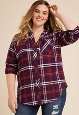 Plus Size Cabin Plaid Hooded Boyfriend Tunic Shirt, C9153, small